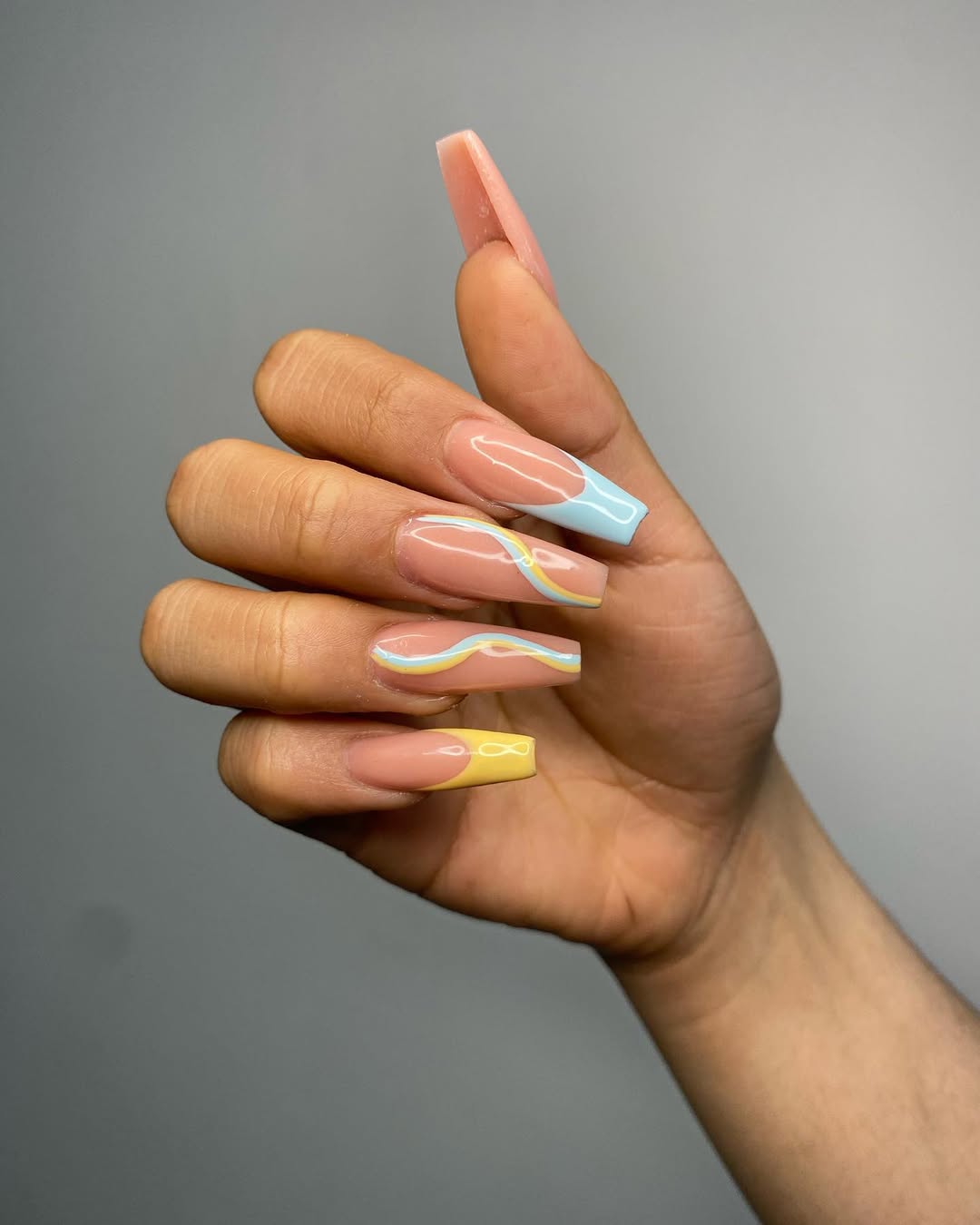 Pastel Swirl French Tip Coffin Nails