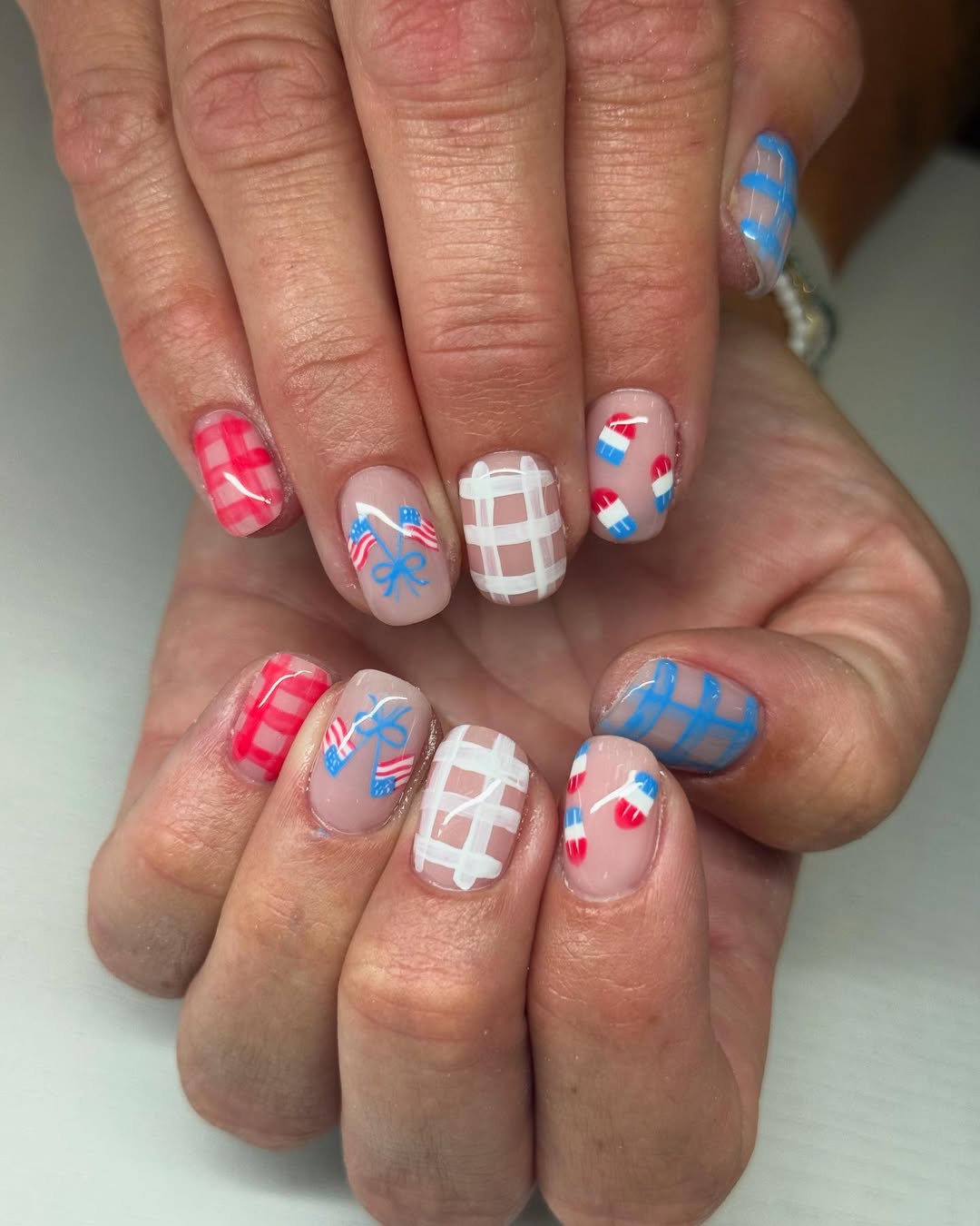 Patriotic Americana Plaid Sticker Short Squoval Nails