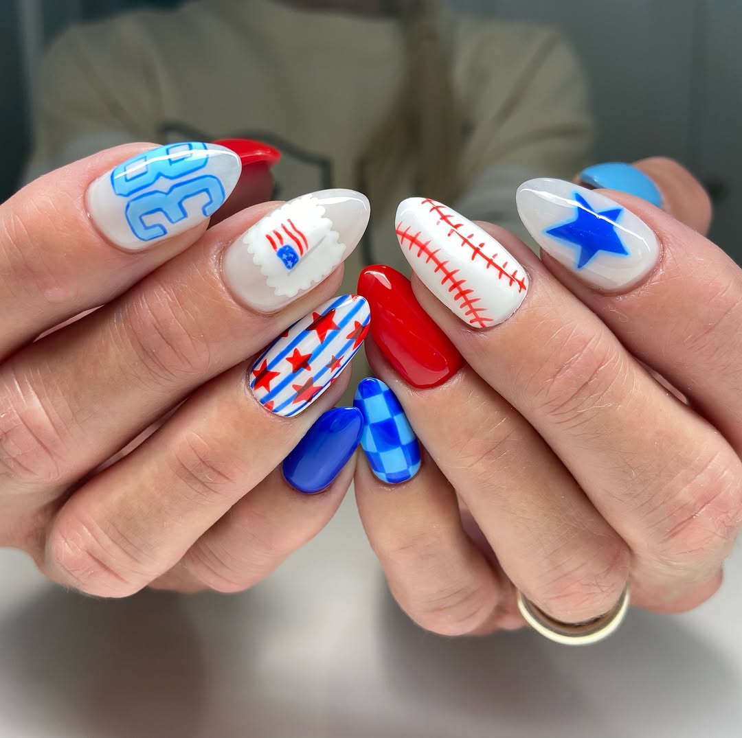 Patriotic Baseball Theme Oval Nails