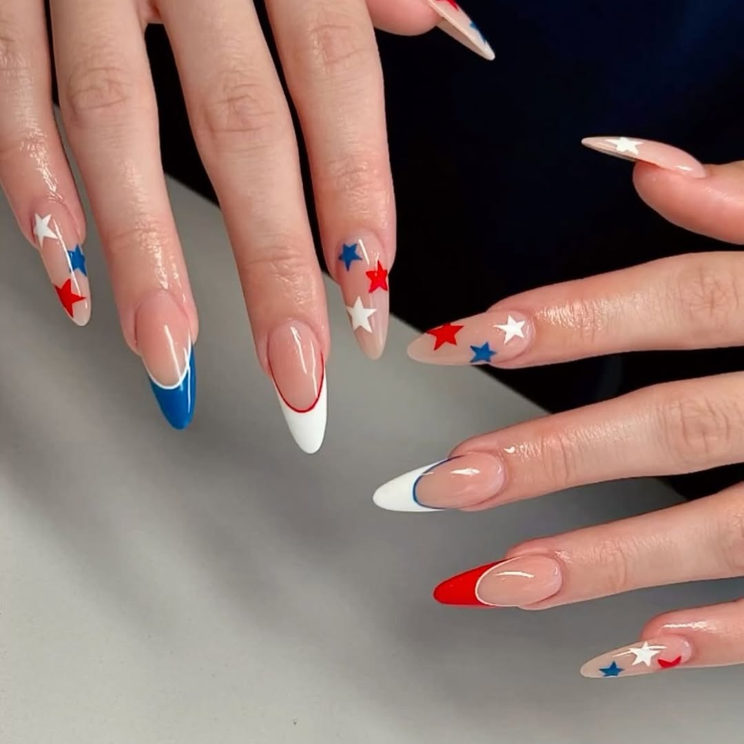 Patriotic French Tips with Red and Blue Stars