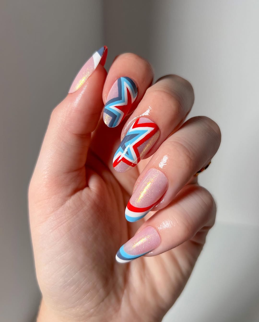 Patriotic Glitter Stripes and Star Burst Almond Nails