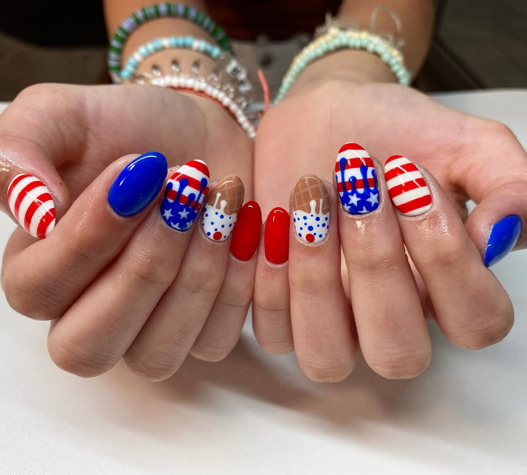 25 Patriotic Nail Ideas for 2026 You’ll Love 21 Patriotic Ice Cream Cone Short Oval Nails