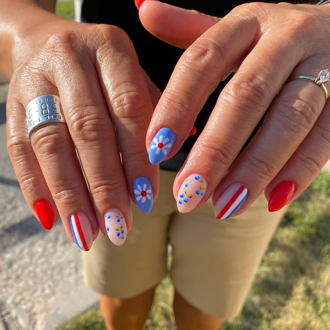 Patriotic Mismatched Floral Stripe Oval Nails