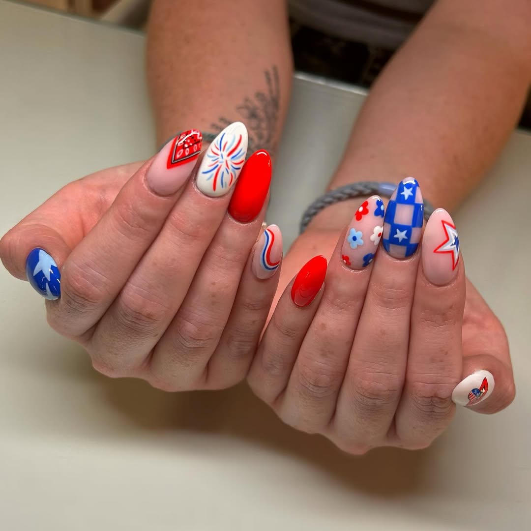 25 Patriotic Nail Ideas for 2026 You’ll Love 22 Patriotic Mismatched Oval Nail Art
