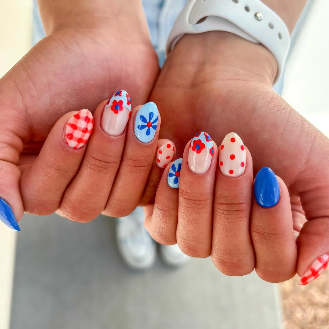 Patriotic Playful Gingham and Floral Oval Nails
