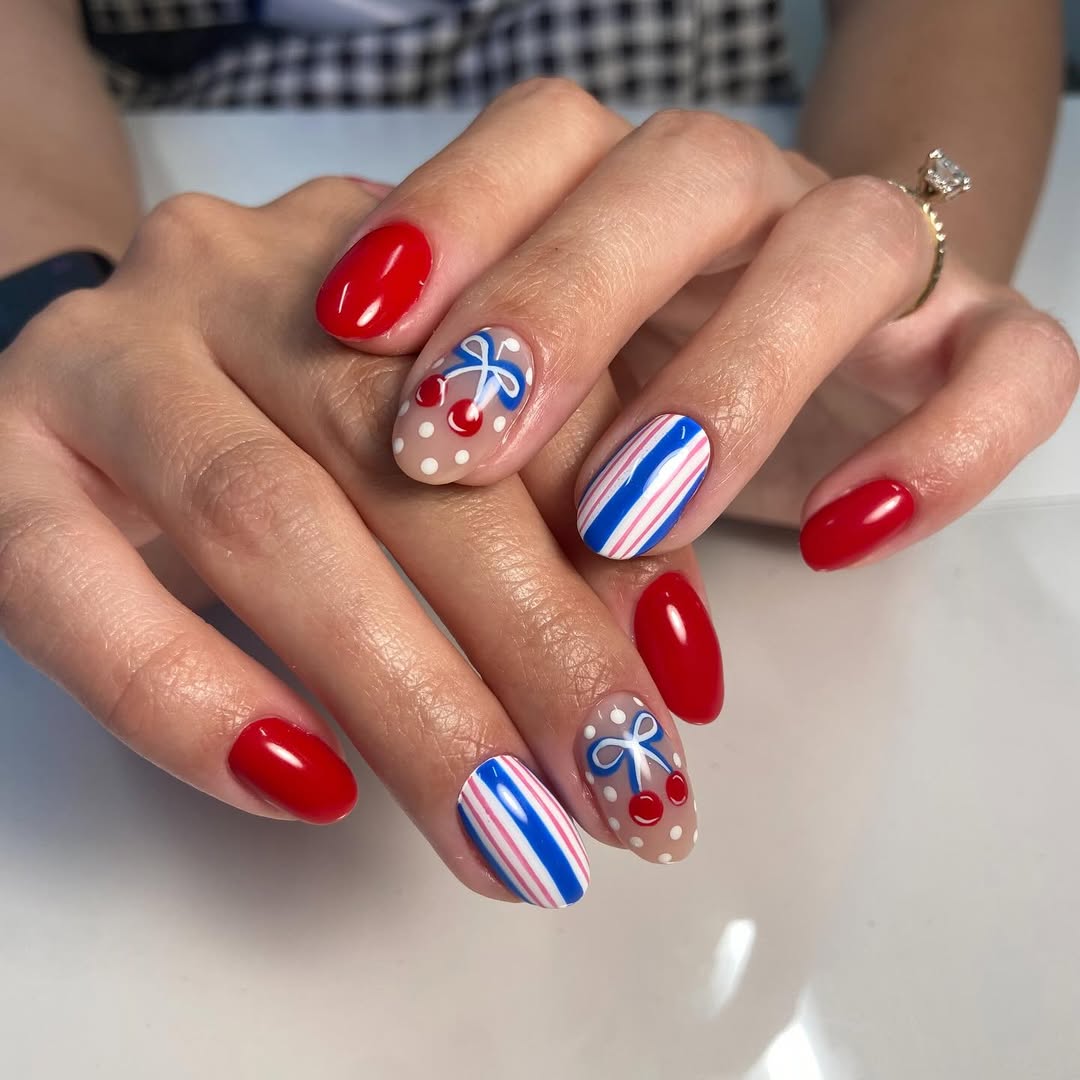 Patriotic Playful Red Cherry Bow Striped Oval Nails