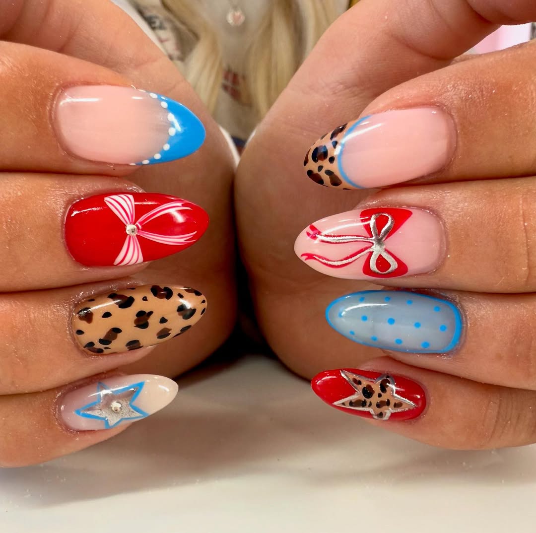 24 Red White Blue Nails You Need for 2026 10 Patriotic Playful Red White and Blue Leopard Nails