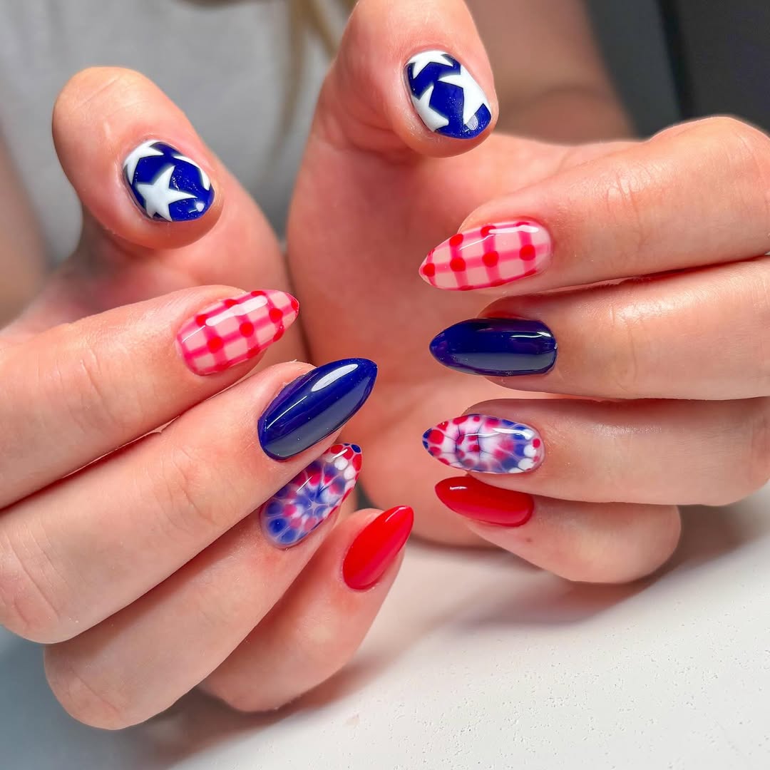 Patriotic Playful Red White Blue Almond Nails