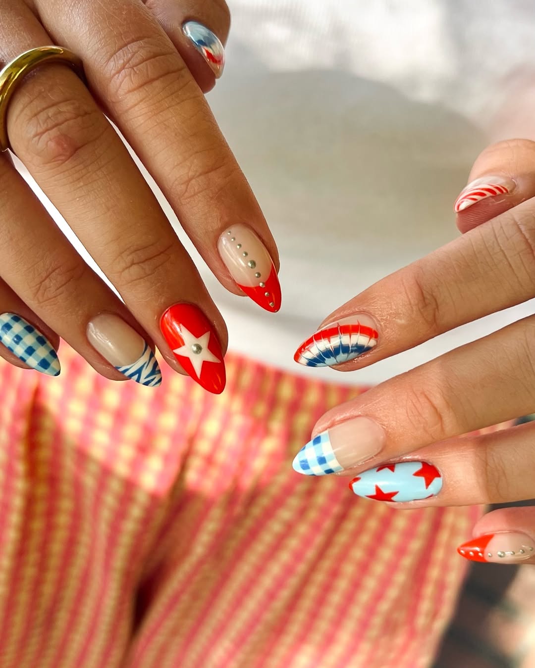 Patriotic Playful Red White Blue Almond Nails