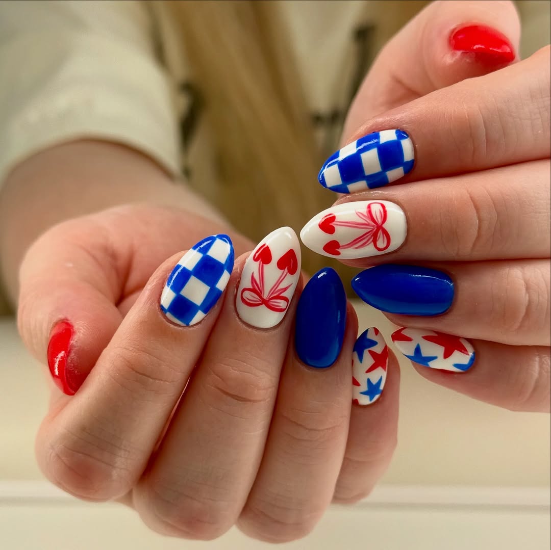 Patriotic Playful Red White Blue Almond Nails