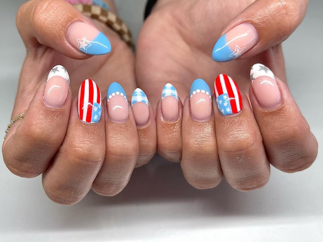 24 Red White Blue Nails You Need for 2026 7 Patriotic Playful Red White Blue Mismatched French Nails