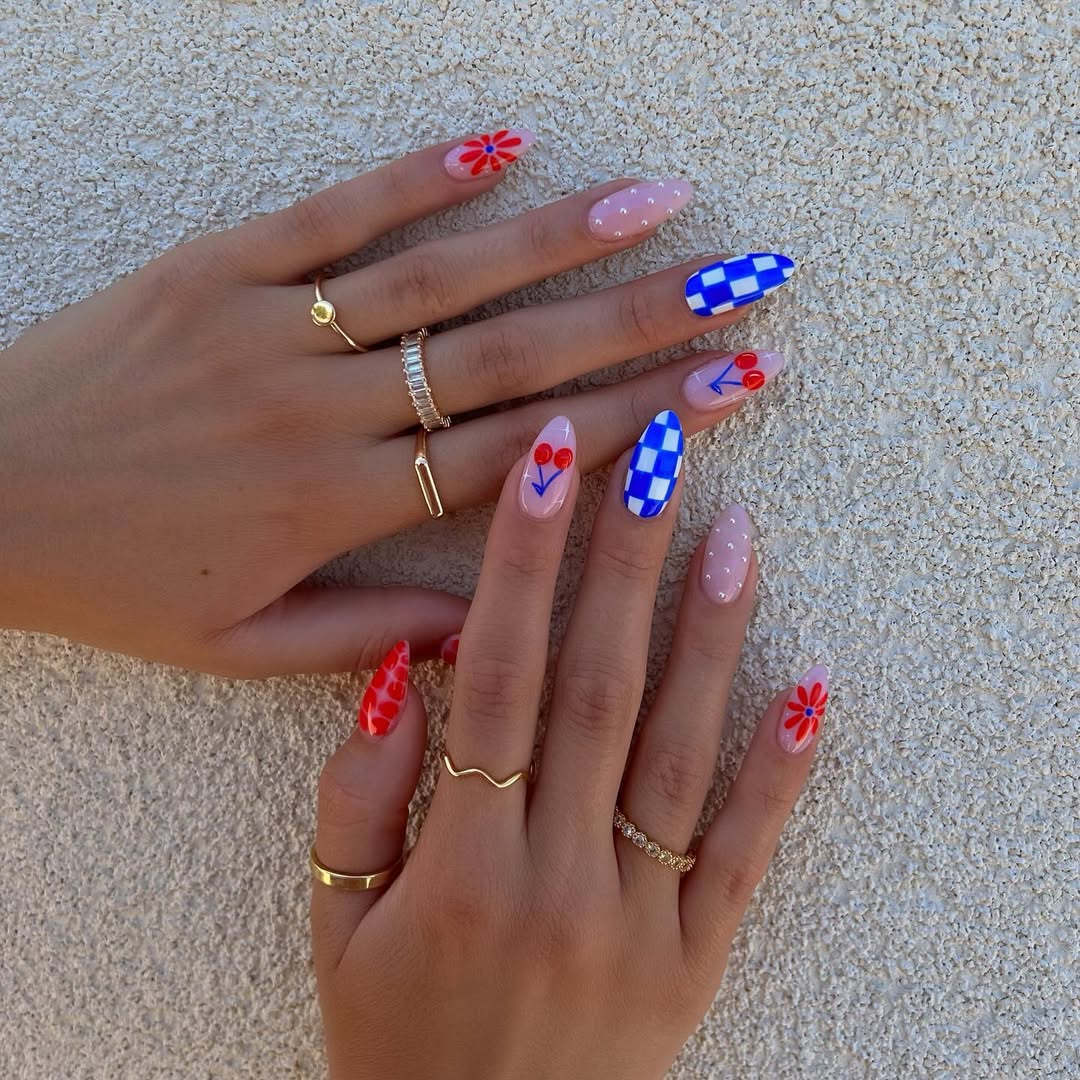Patriotic Playful Red White Blue Nail Art