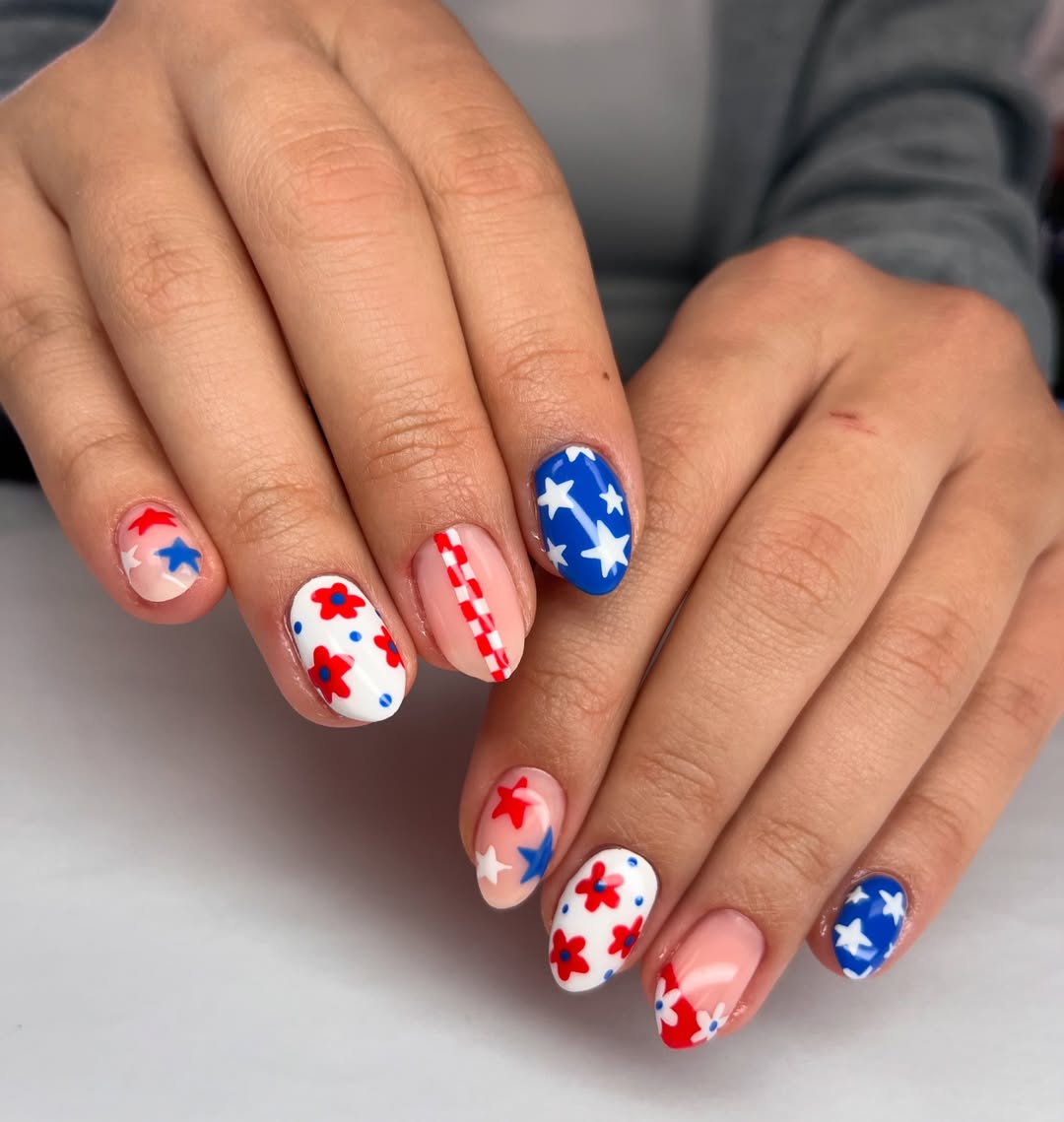 Patriotic Playful Red White Blue Oval Nails
