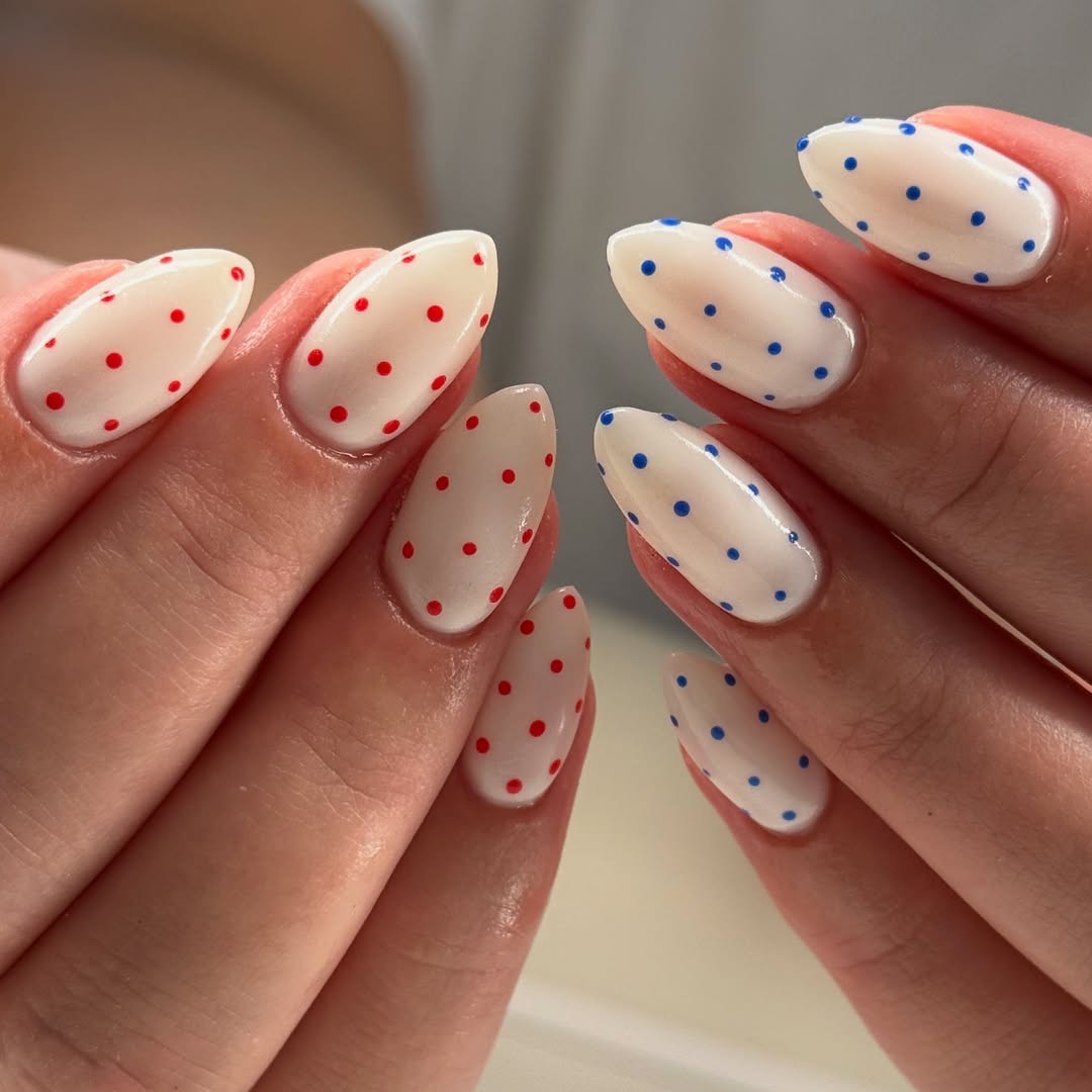Patriotic Polka Dot Almond Nails with Red and Blue