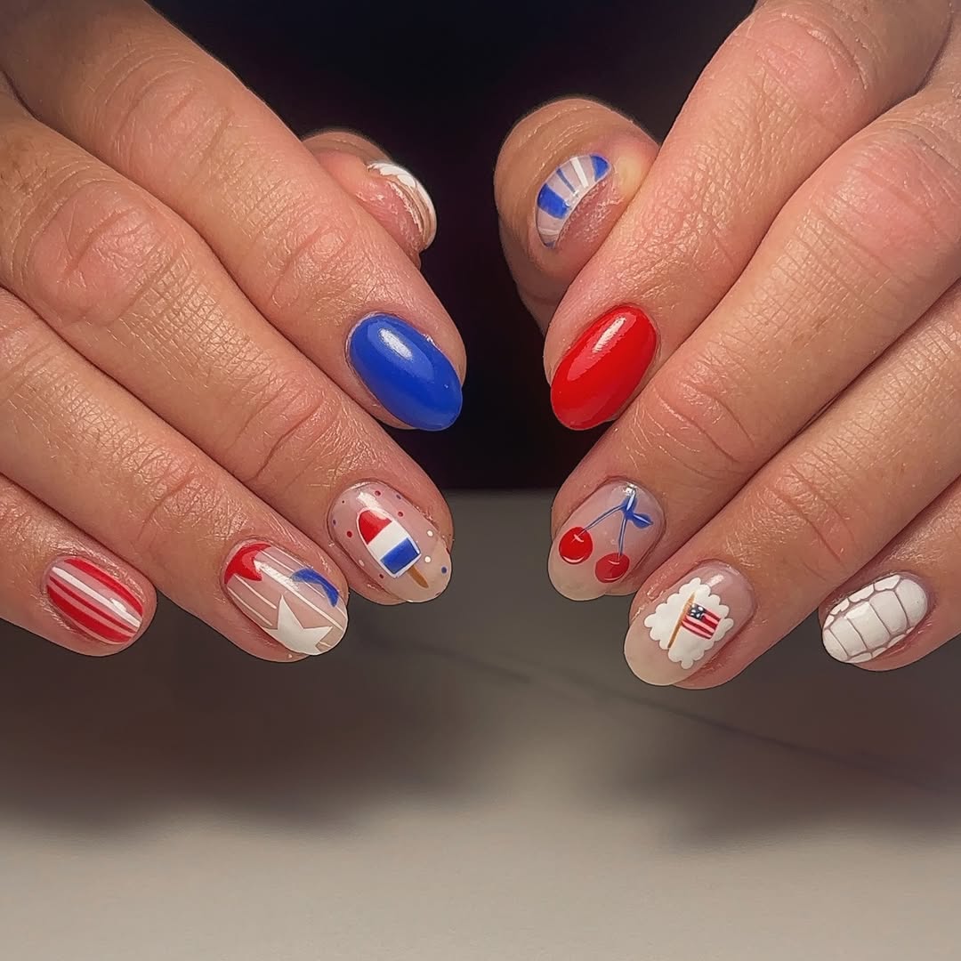 Patriotic Pop Art Accent Nails with Solid Red and Blue