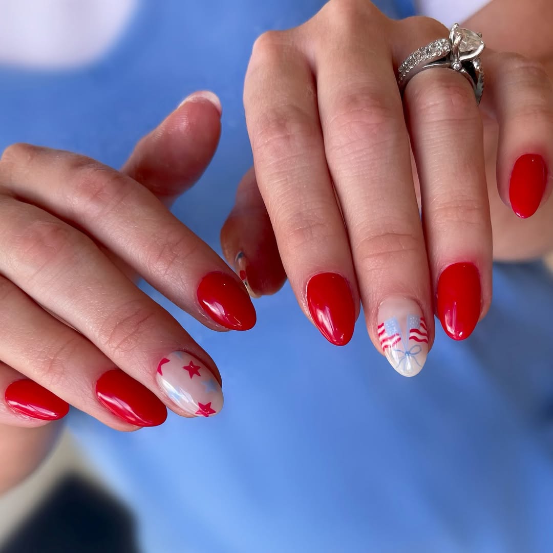 Patriotic Red Almond Gel Nails with Flag Art