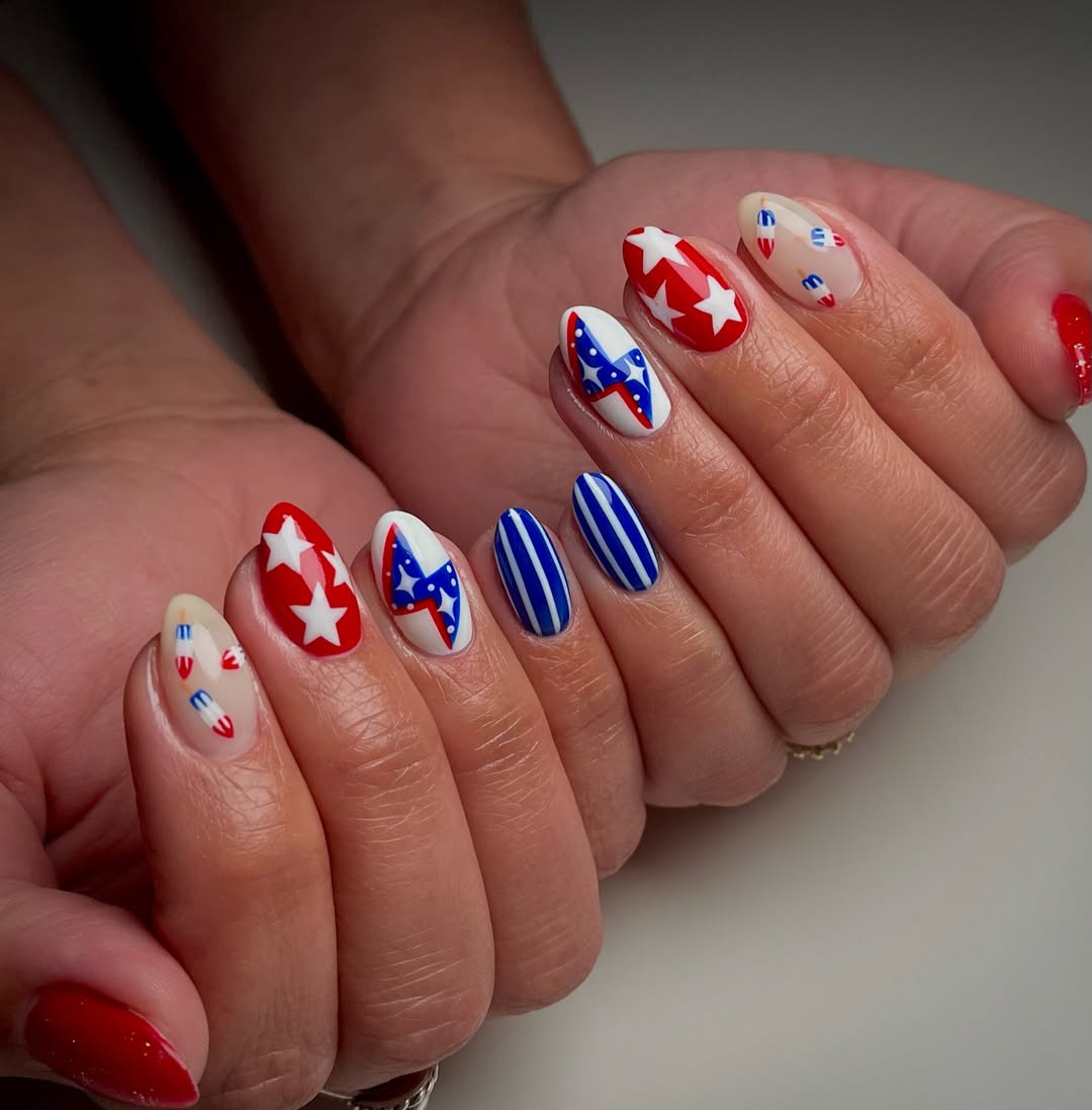 24 Red White Blue Nails You Need for 2026 16 Patriotic Red White and Blue Starburst Nails