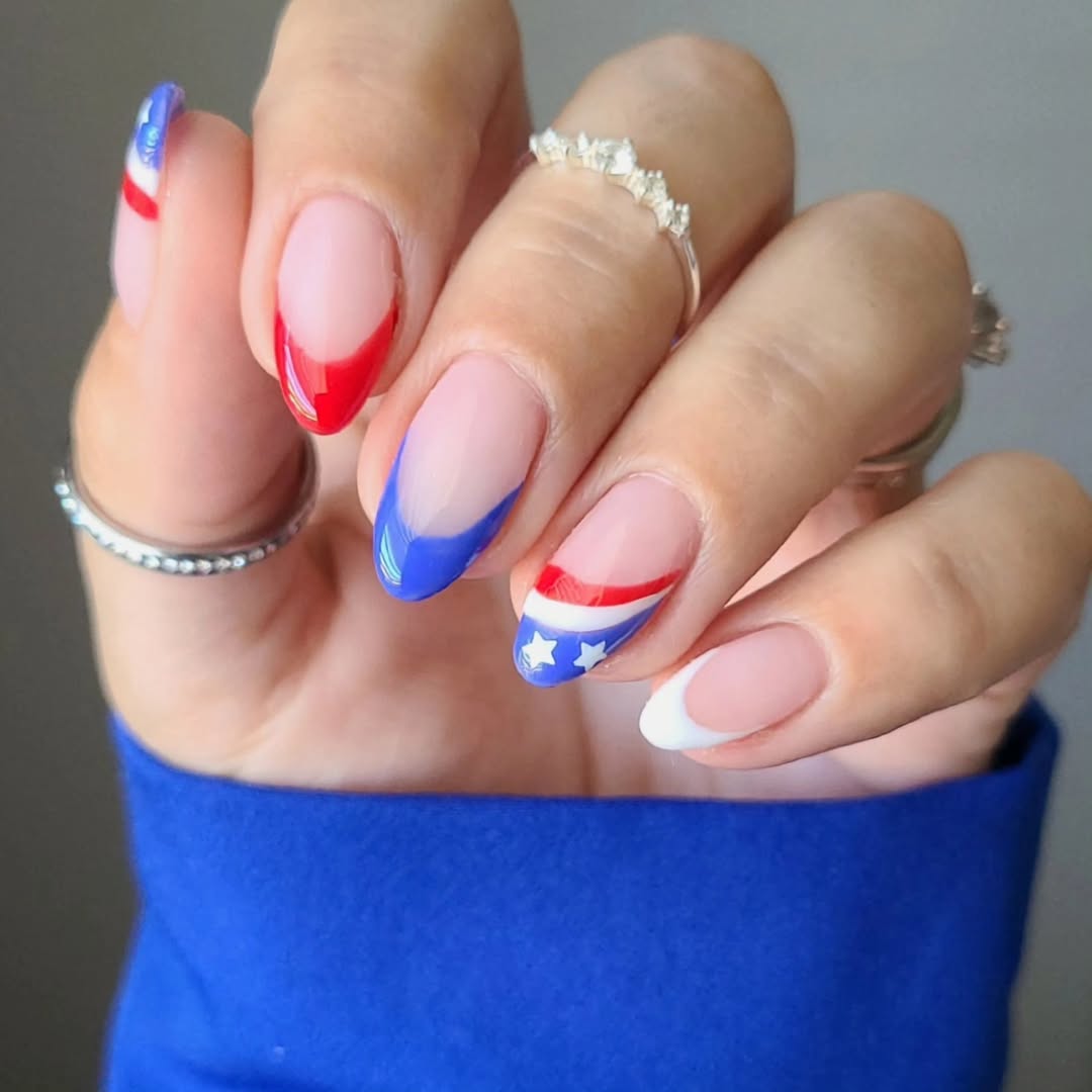 Patriotic Red White Blue Almond French Tips