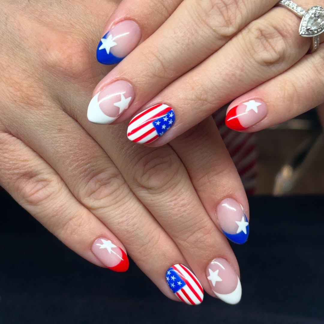 24 Red White Blue Nails You Need for 2026 6 Patriotic Red White Blue Almond French Tips with Stars