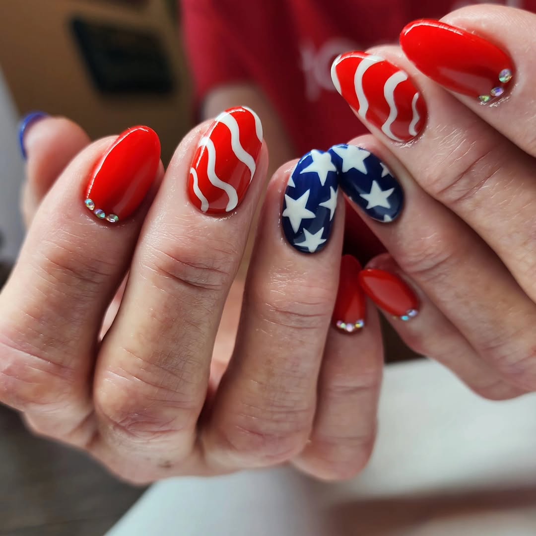 25 Patriotic Nail Ideas for 2026 You’ll Love 20 Patriotic Red White Blue Almond Glitter Star Nails