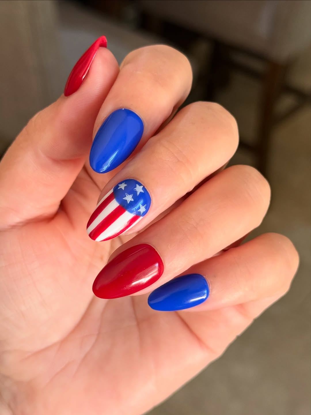 Patriotic Red White Blue Almond Nails