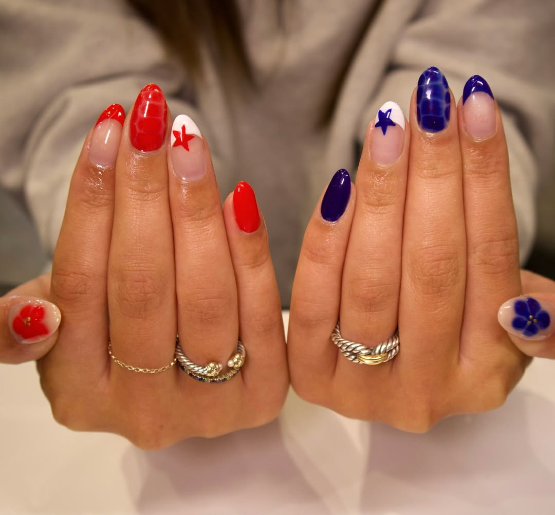 25 Patriotic Nail Ideas for 2026 You’ll Love 10 Patriotic Red White Blue Almond Nails With Stars