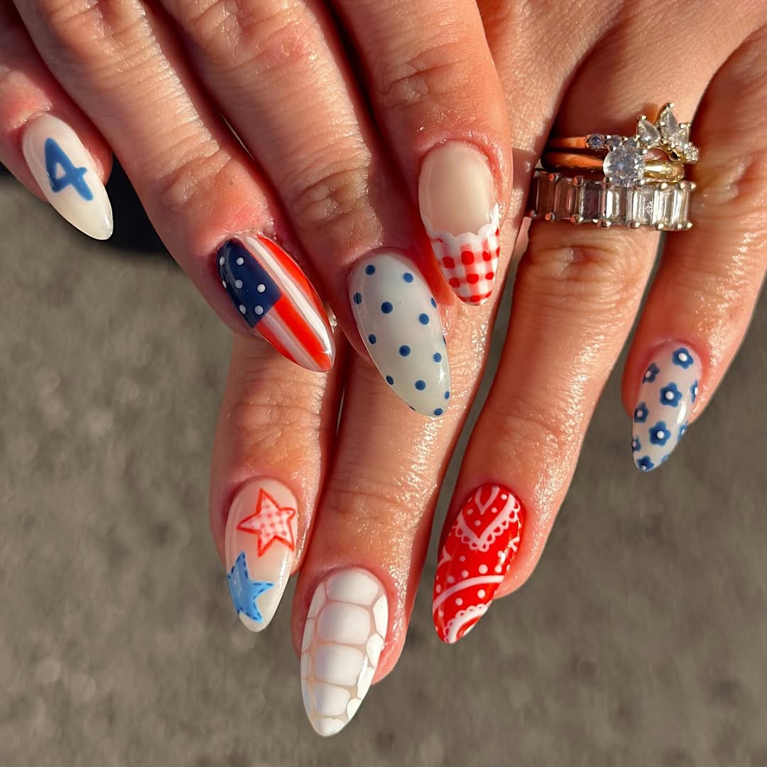 Patriotic Red White Blue Almond Shape Nails Fun