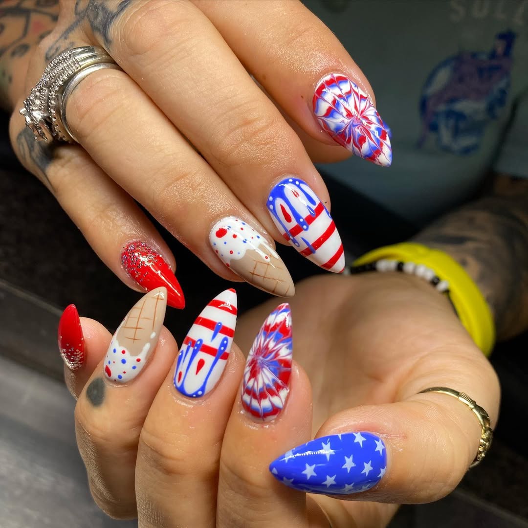 25 Patriotic Nail Ideas for 2026 You’ll Love 18 Patriotic Red White Blue Almond Stiletto Nails