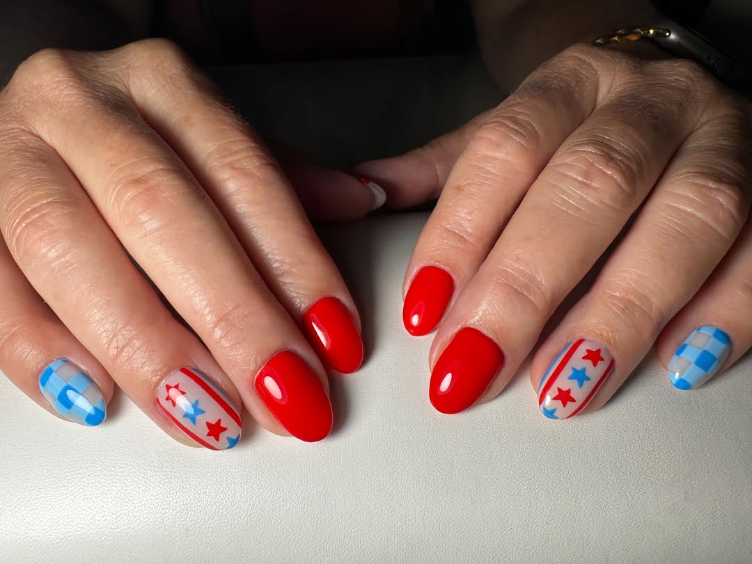 Patriotic Red White Blue Checkerboard Star Nails