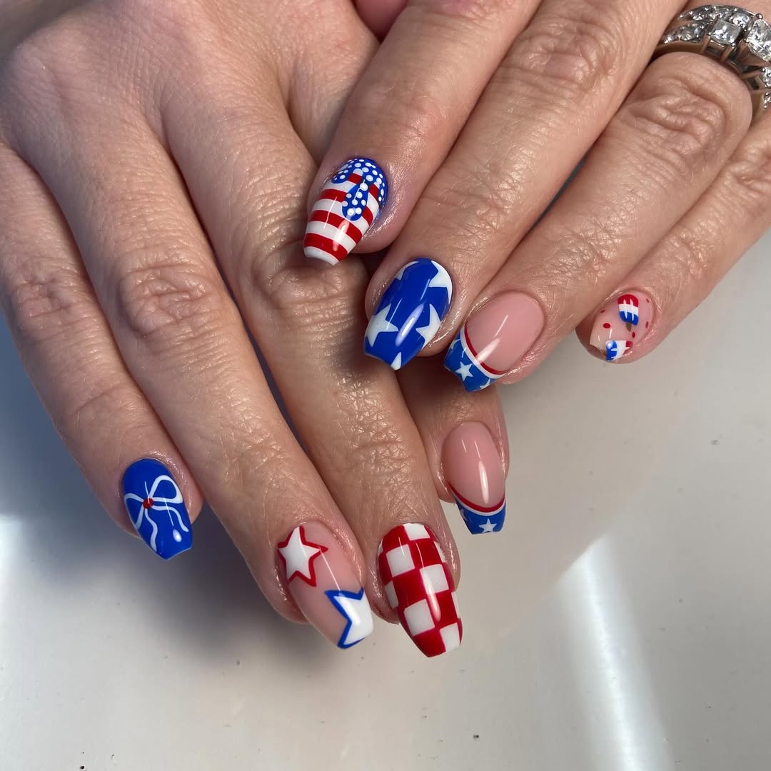 Patriotic Red White Blue Coffin Nail Art