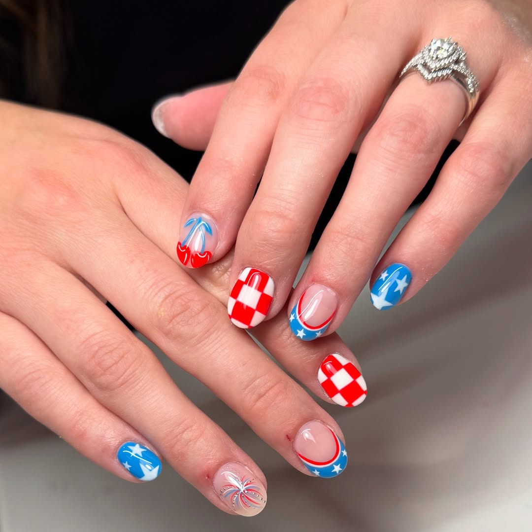 Patriotic Red White Blue French Tip Pop Art Nails