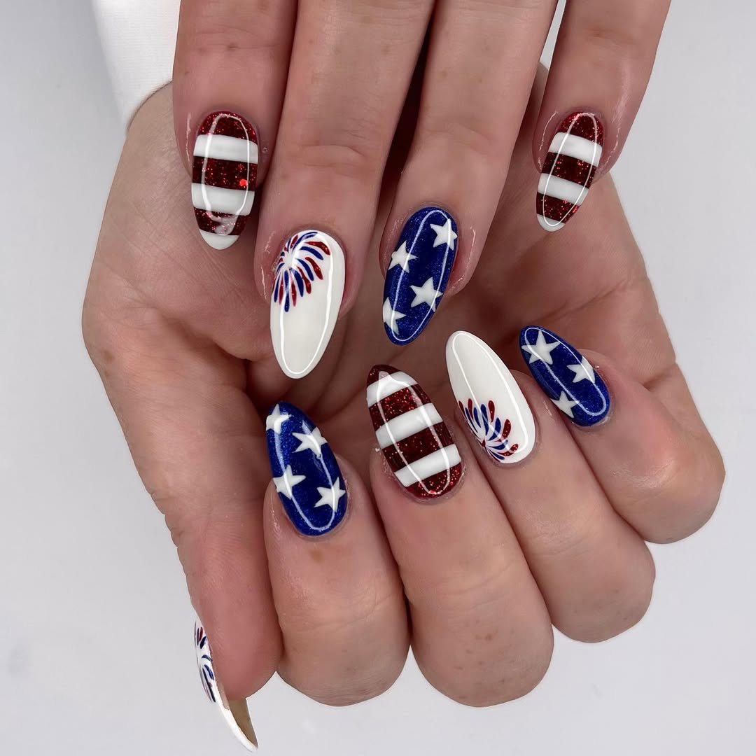 25 Patriotic Nail Ideas for 2026 You’ll Love 3 Patriotic Red White Blue Glitter Stripes Stars Nails