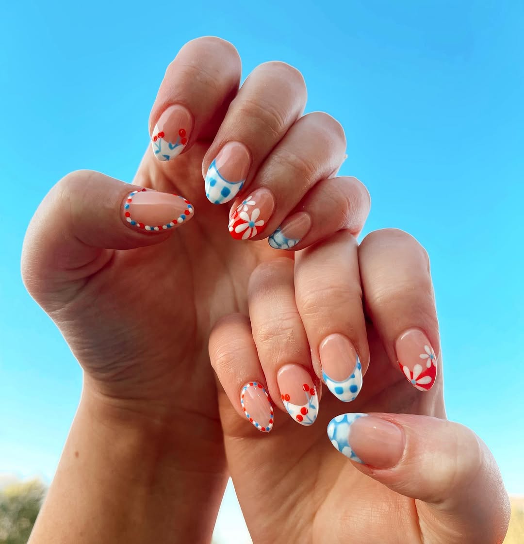 Patriotic Red White Blue Hand Painted Nail Art