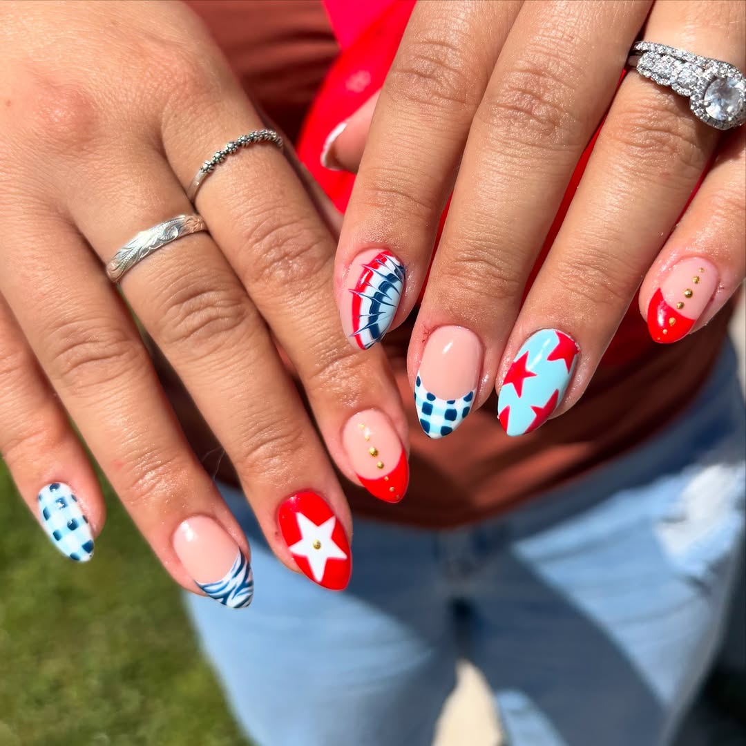 25 Patriotic Nail Ideas for 2026 You’ll Love 8 Patriotic Red White Blue Mismatched Almond Nails