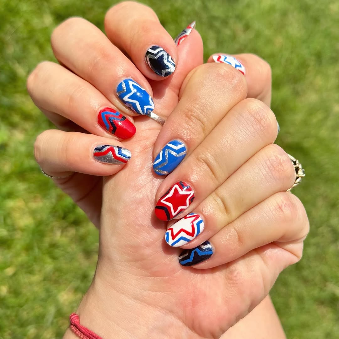 Patriotic Red White Blue Star Spangled Summer Nails