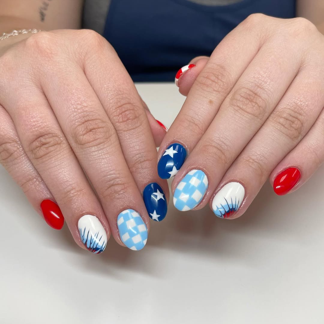 25 Patriotic Nail Ideas for 2026 You’ll Love 19 Patriotic Red White Blue Stars Gingham Explosion Nails