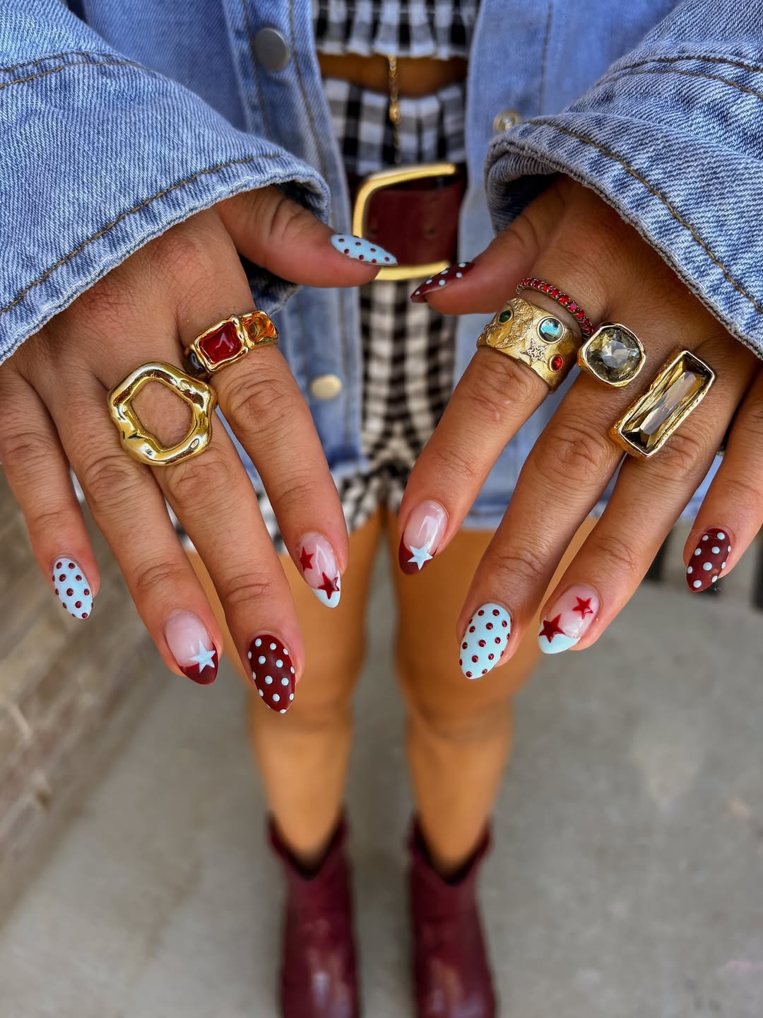 Patriotic Red White Blue Stars Polka Dots Almond Nails