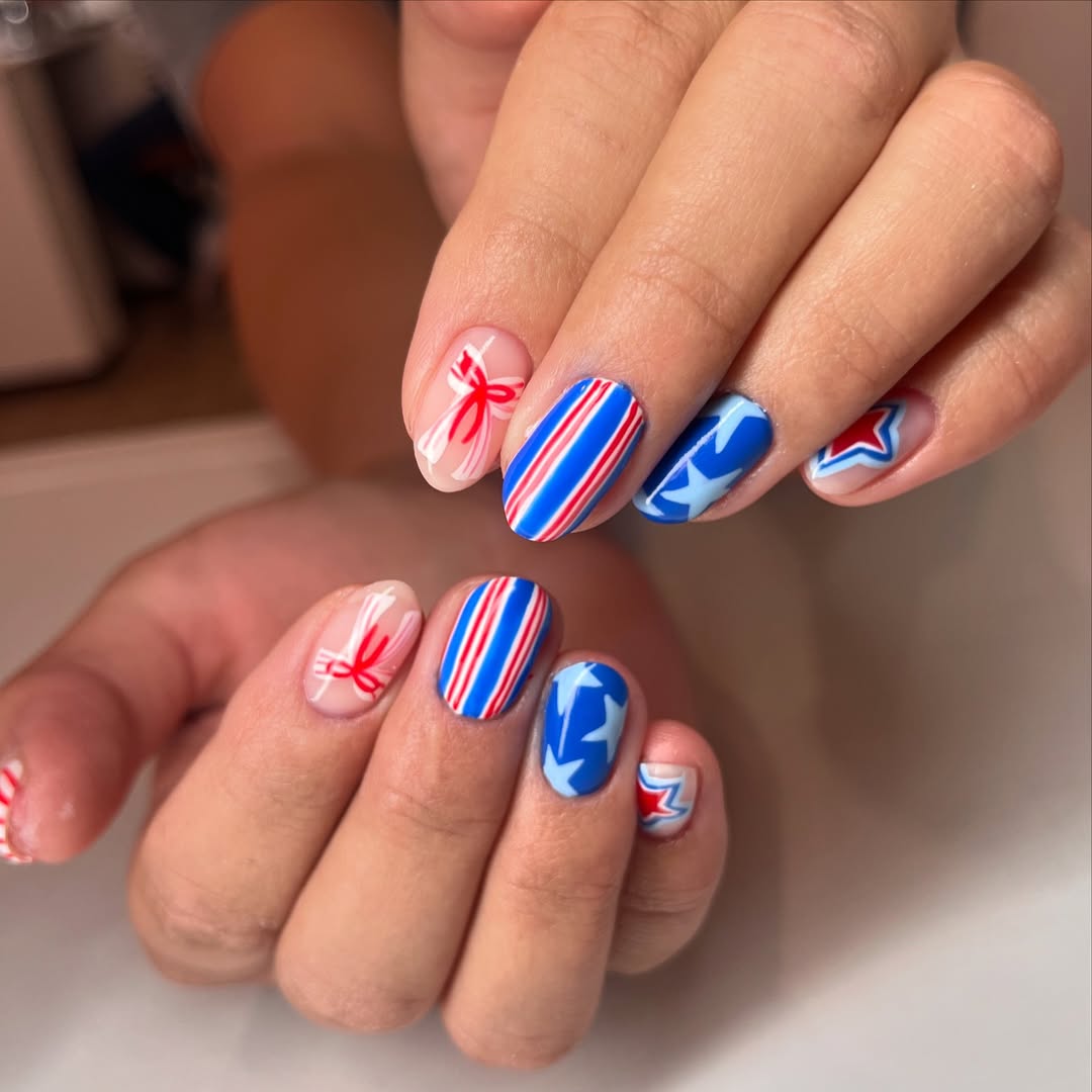 Patriotic Red White Blue Stars Stripes Bows Manicure