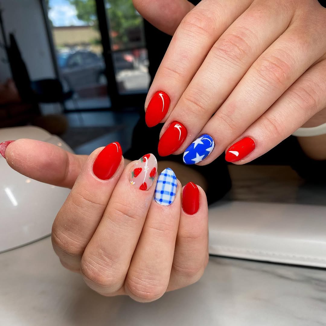 Patriotic Red White Blue Strawberry Gingham Almond Nails