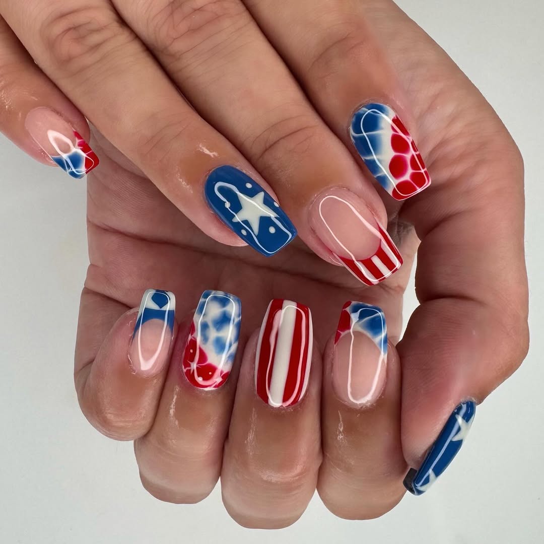 Patriotic Red White Blue Swirl Star Nails
