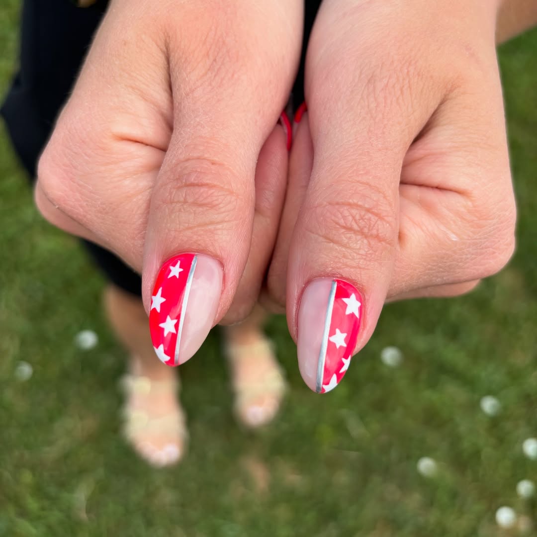 Patriotic Red White Star Stripes Almond Nails