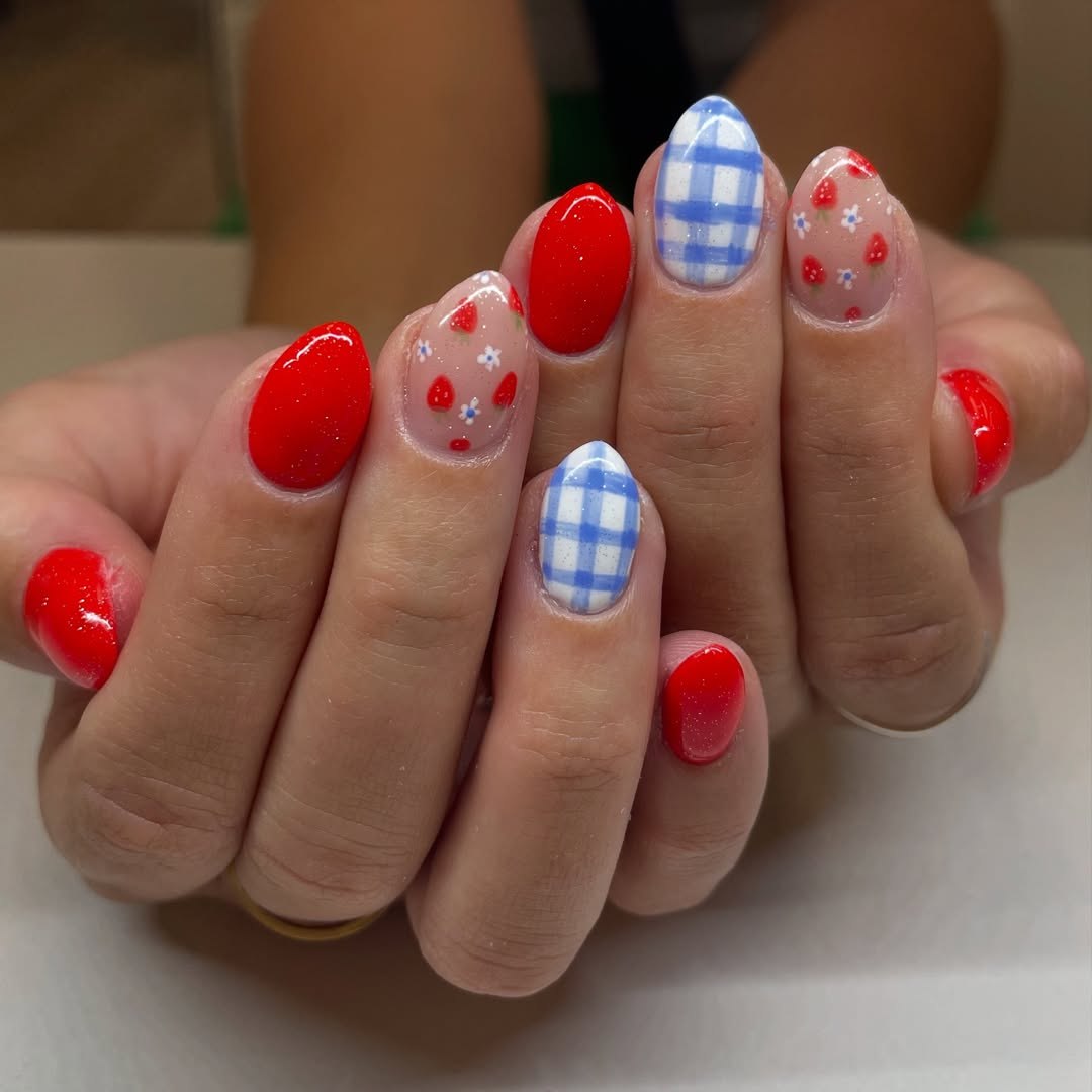 24 Red White Blue Nails You Need for 2026 26 Patriotic Strawberry Gingham Almond Nails