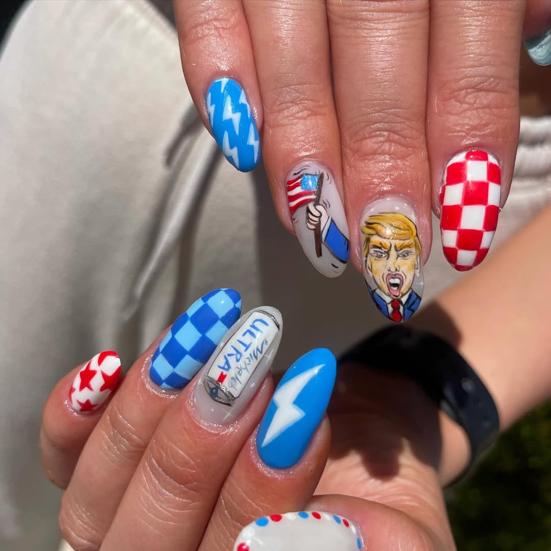 25 Patriotic Nail Ideas for 2026 You’ll Love 25 Patriotic Trump Cartoon Almond Gel Nails