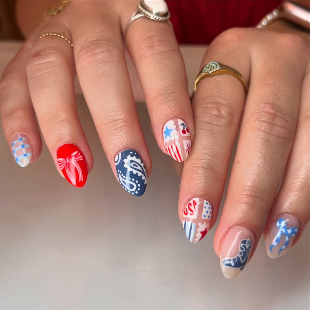 Patriotic USA Themed Almond Nail Art