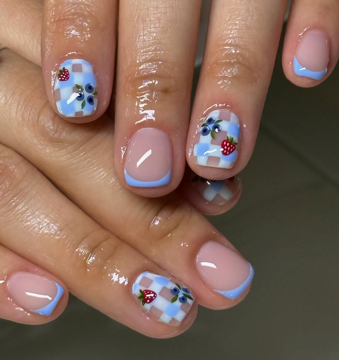 Picnic Plaid Blue French Tip And Berries