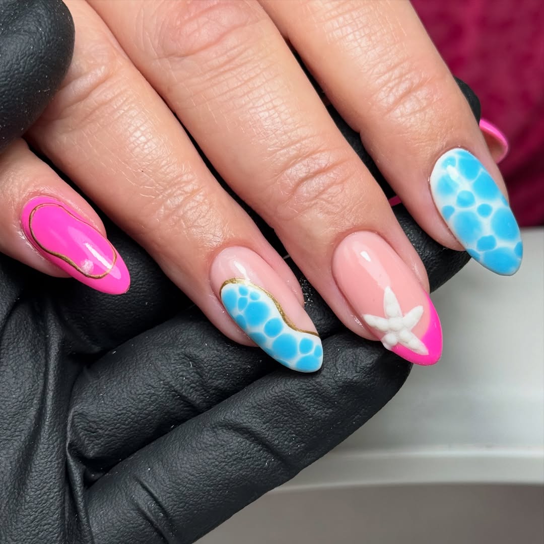 Pink and Blue Wavy Ocean Almond Nails