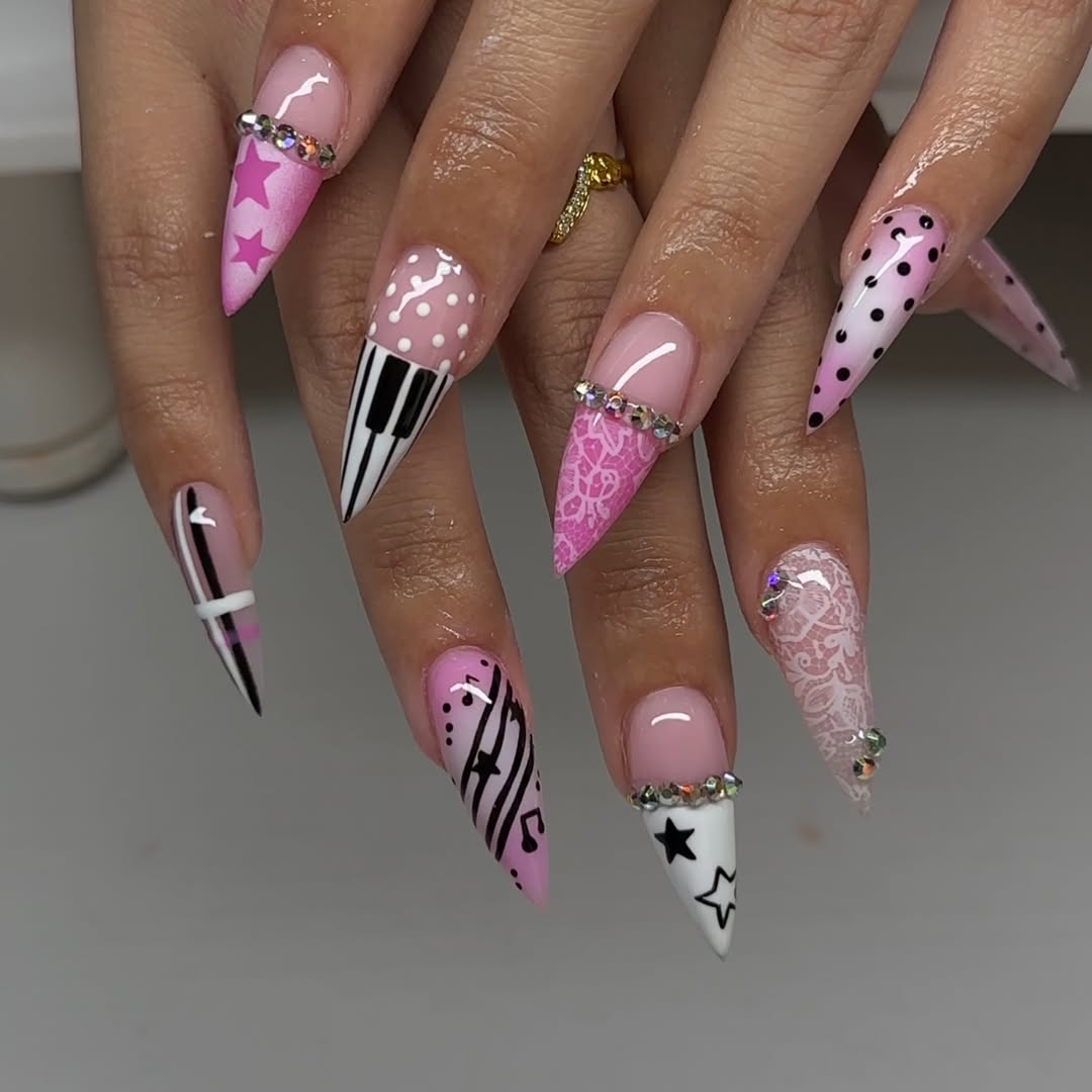 Pink and White Stiletto Rhinestone Melody Nails