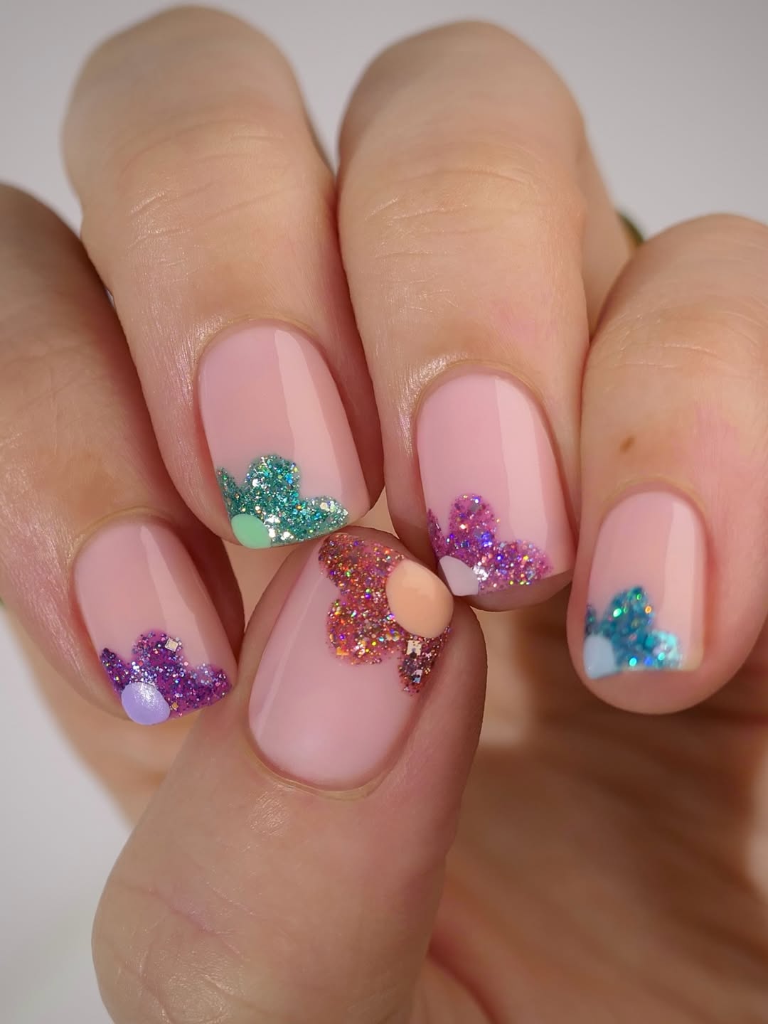 Pink Base Glitter Butterfly Tips With 3D Dots
