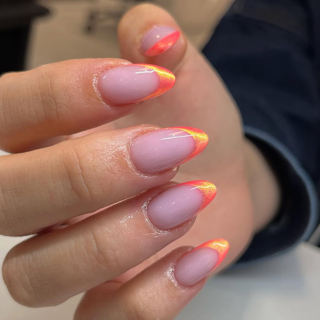 Pink Base Orange Shimmer French Manicure Round Nails