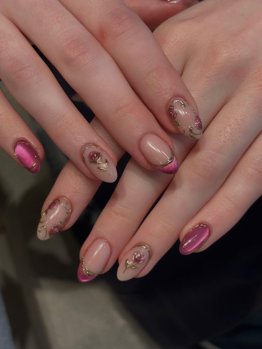 Pink Cat Eye French and Rose Accent Nails